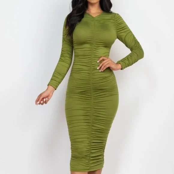 Ruched Long Sleeve Midi Dress - Picture 1 of 5